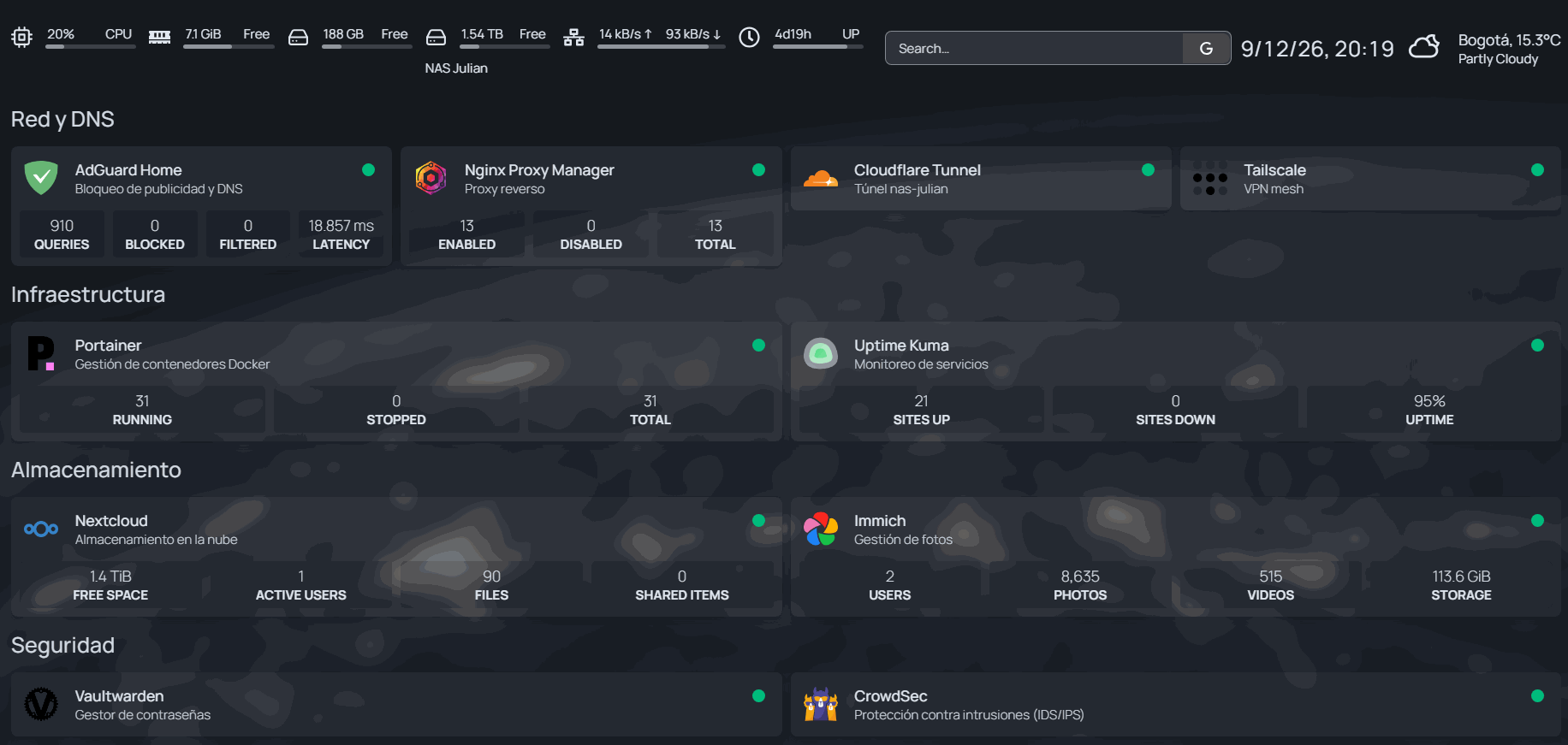 Panel Homepage del homelab